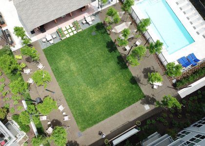 Aerial view of the courtyard in the apartment complex.